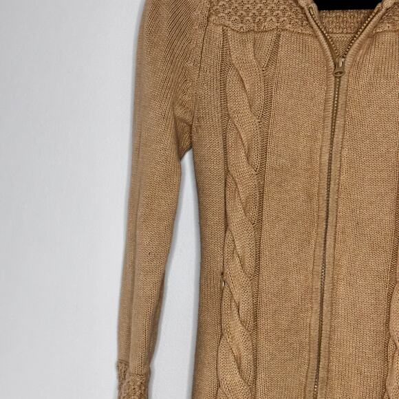 Athleta Cable Knit Zip Up Sweater Cardigan Hooded Camel Size Small Pre-Loved - Picture 14 of 16
